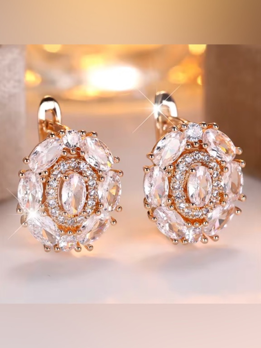Elegant Luxury Hoop Earrings Featuring Oval Crystal & White Zircon. - Picture 1 of 9